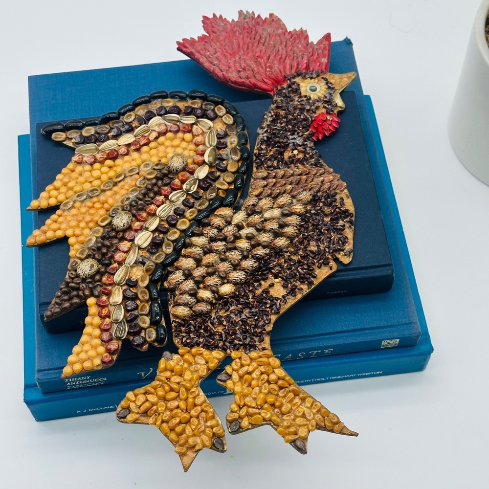 Handmade Vintage Seed‎ Art Rooster Mosaic Folk Art Wall Decor Farmhouse Bird